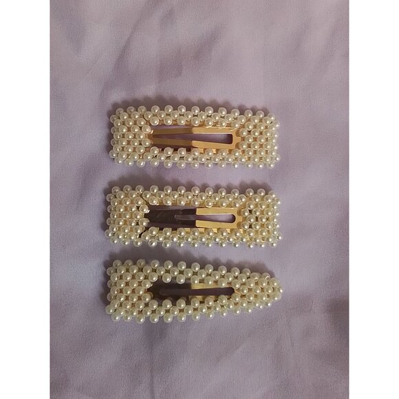 Set Of 3 Faux Pearl-Embellished Hair Clips Barrettes Stylish & Elegant - Picture 1 of 2